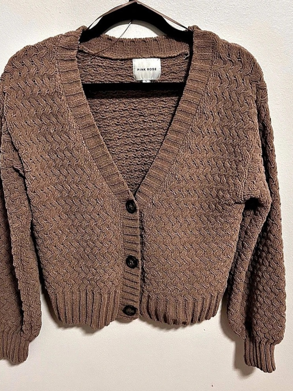 Pink Rose Textured Button-Front Cardigan in Brown Size Large